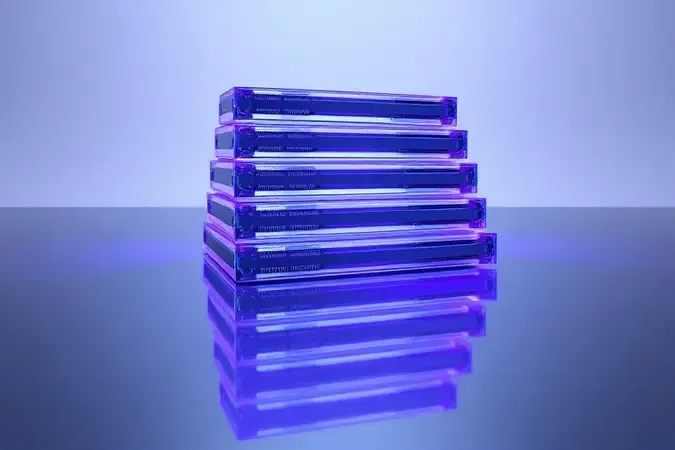Render 3D conceitual de módulos de memória translúcidos empilhados representando VRAM de placa de vídeo