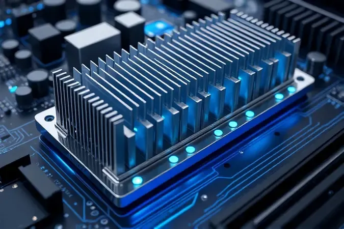 Render conceitual 3D de fases VRM e dissipadores metálicos com fluxo de energia em placa-mãe moderna.