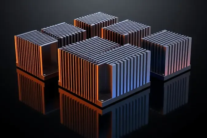 Render 3D conceitual de módulos VRM com dissipadores geométricos e gradiente térmico em superfície escura e limpa
