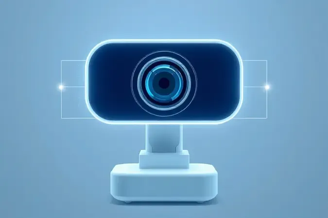 Render 3D de webcam com molduras geométricas luminosas ajustando-se ao redor de figura abstrata representando enquadramento inteligente por IA