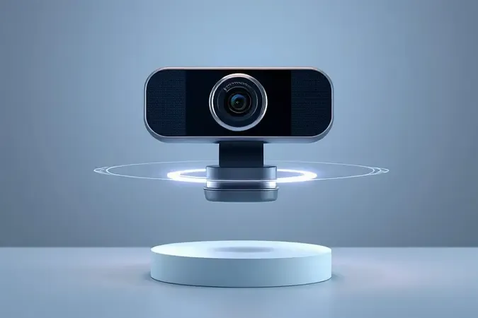 Render 3D de webcam sem marca com anel gimbal mecânico e feixes de luz representando rastreamento inteligente por IA.