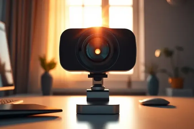 Render 3D de webcam com sensor grande enfrentando contraluz dramática de janela com contraste entre luz quente e sombras frias.