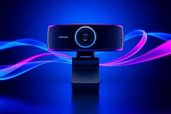 Render 3D conceitual de webcam com trilhas de movimento fluidas e coloridas representando alta taxa de quadros para streaming e criação de conteúdo