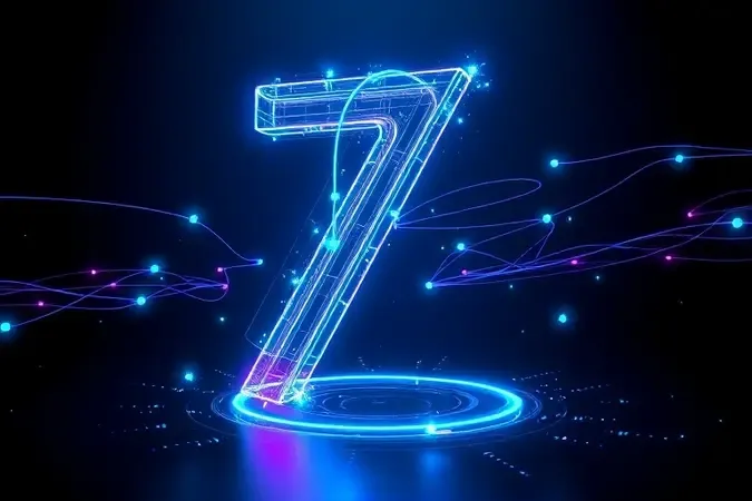 Renderização 3D futurista do número sete formado por fluxos de dados representando tecnologia Wi-Fi 7 e seu impacto em jogos online