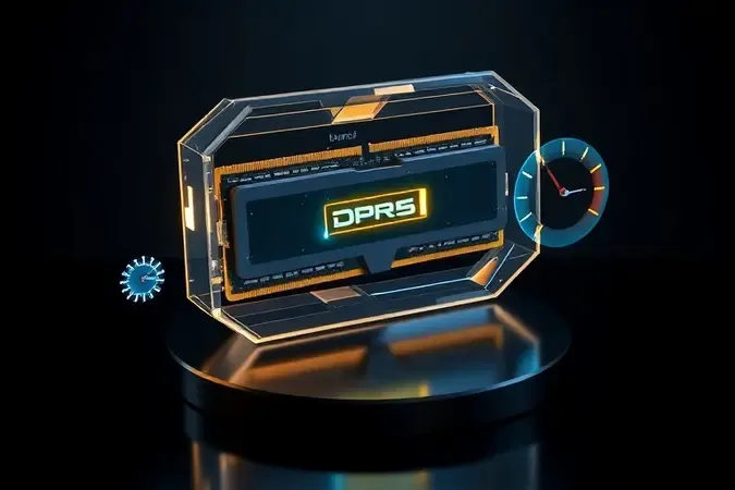 Render 3D de módulo DDR5 envolto em estrutura cristalina se expandindo com núcleos de energia representando liberação de desempenho.
