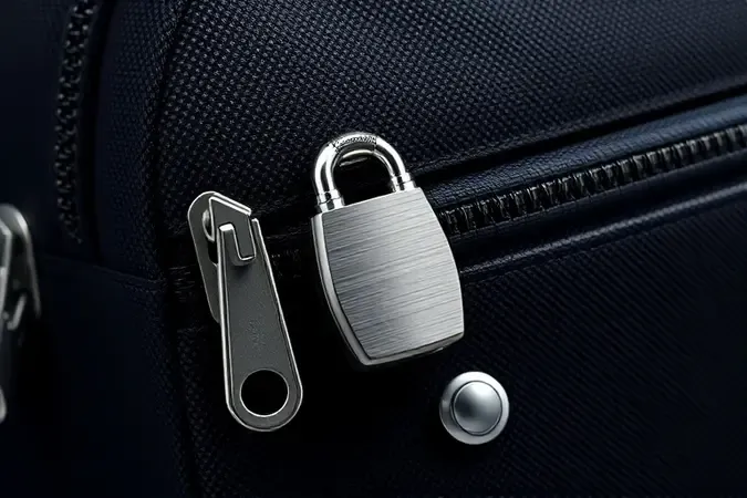 Detalhe em close de zíper reforçado e cadeado integrado de mochila antifurto em render 3D conceitual.