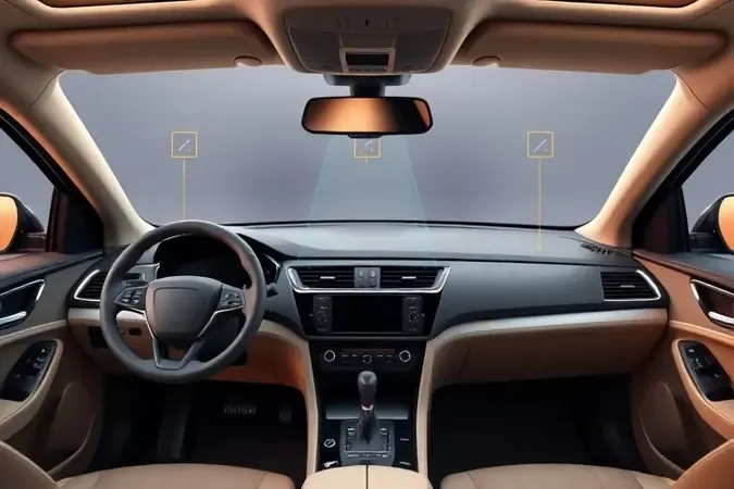 Painel de carro moderno com zonas de instalação indicadas para suporte de celular: saída de ar, superfície superior e canto do para-brisa.