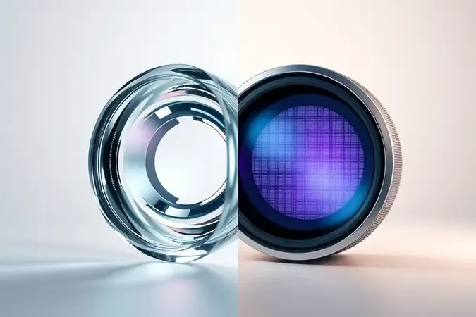 Composição 3D conceitual comparando zoom óptico com lentes de vidro realistas e zoom digital com grade de pixels abstrata.